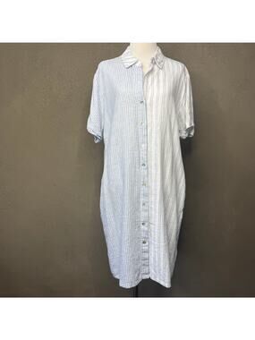 C&C California 100% Linen Blue Stripe Button Front Shirt Dress L